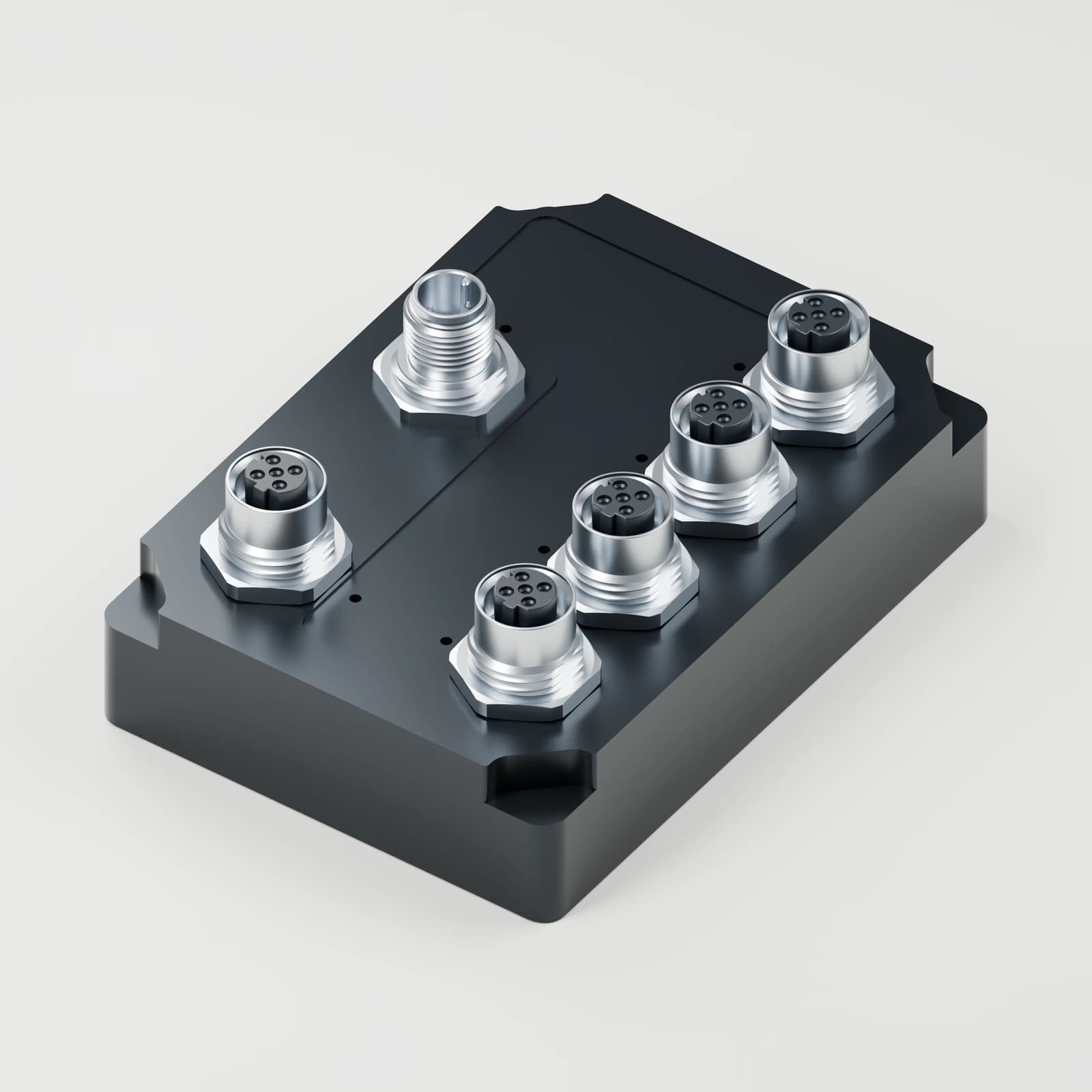 CAD rendering of the enclosed switch showing five Ethernet connectors and the power connector. Original source connector geometry; connector revision pending verification.