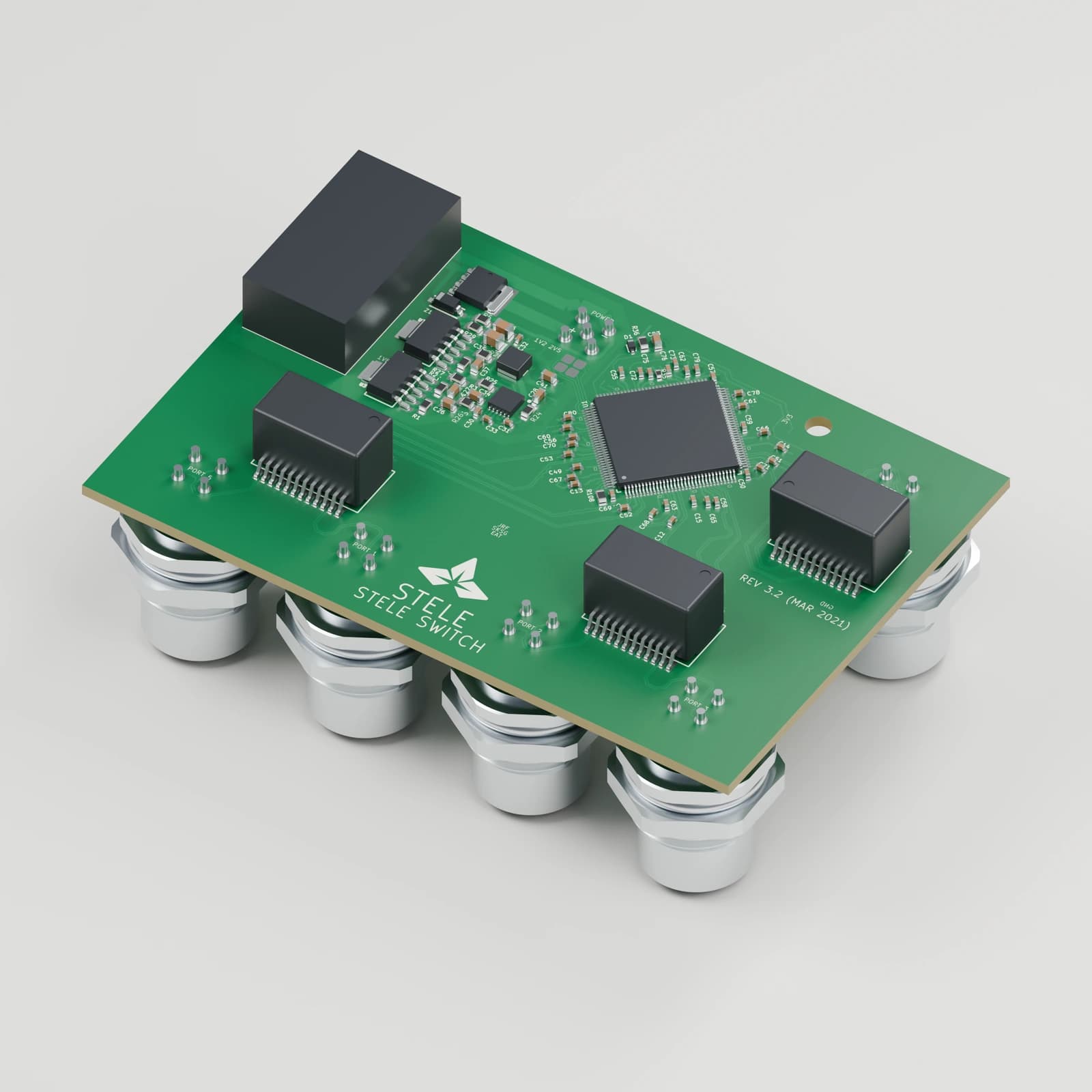 CAD render of the R1 five-port 100 Mbps Ethernet switch PCBA: component side; representative connector models.