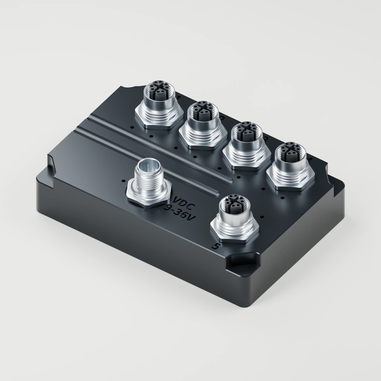 CAD rendering of the enclosed switch showing five Ethernet connectors and the power connector.