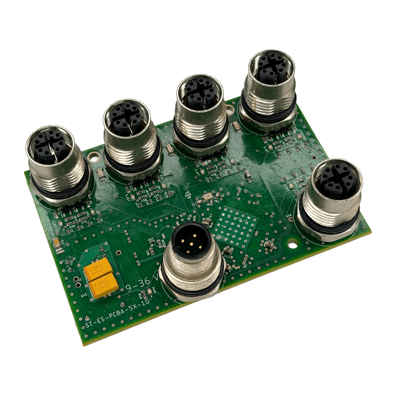 Gigabit Ethernet switch PCBA showing five X-coded data connectors and one power connector, viewed at an angle.