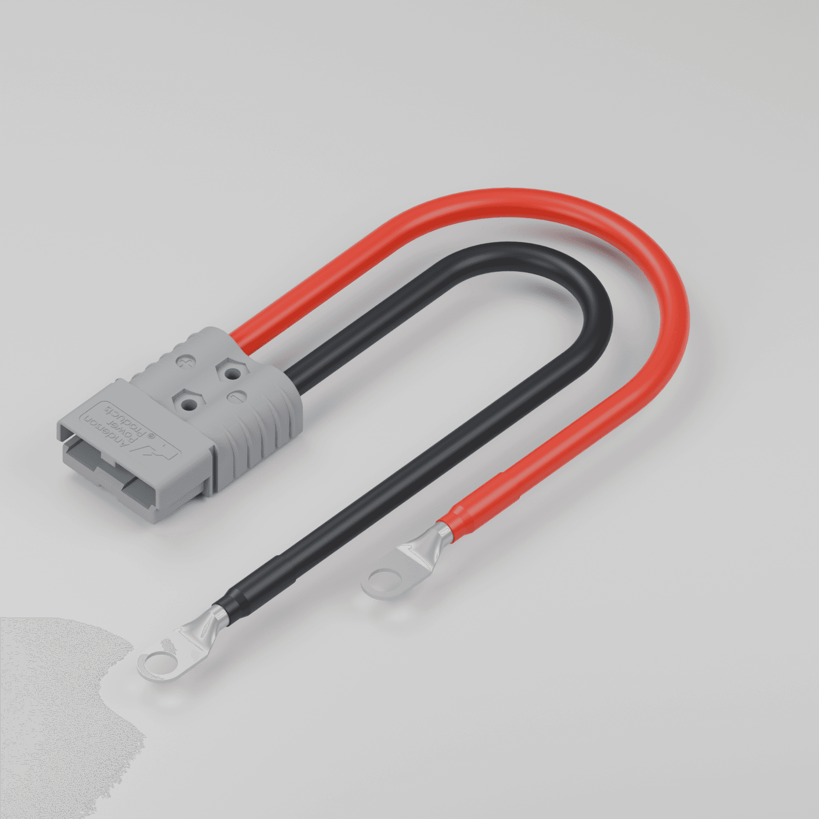 Square view of the SB120 / 4 AWG reference cable assembly with red and black leads and ring terminals