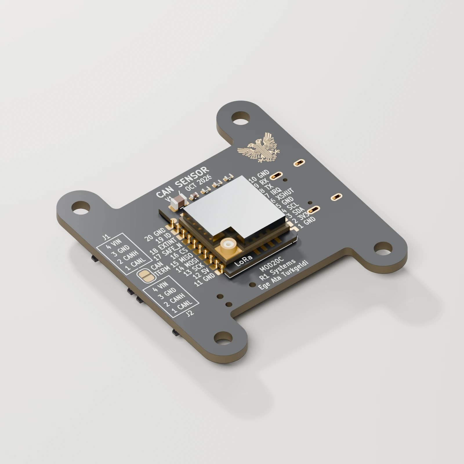 Blender CAD render from the October 13 detailed STEP assembly: compact CAN carrier with installed LoRa radio daughterboard, sensor-side hero. Black soldermask, supplied white silkscreen and gold artwork, reflective exposed pads and metal surfaces.