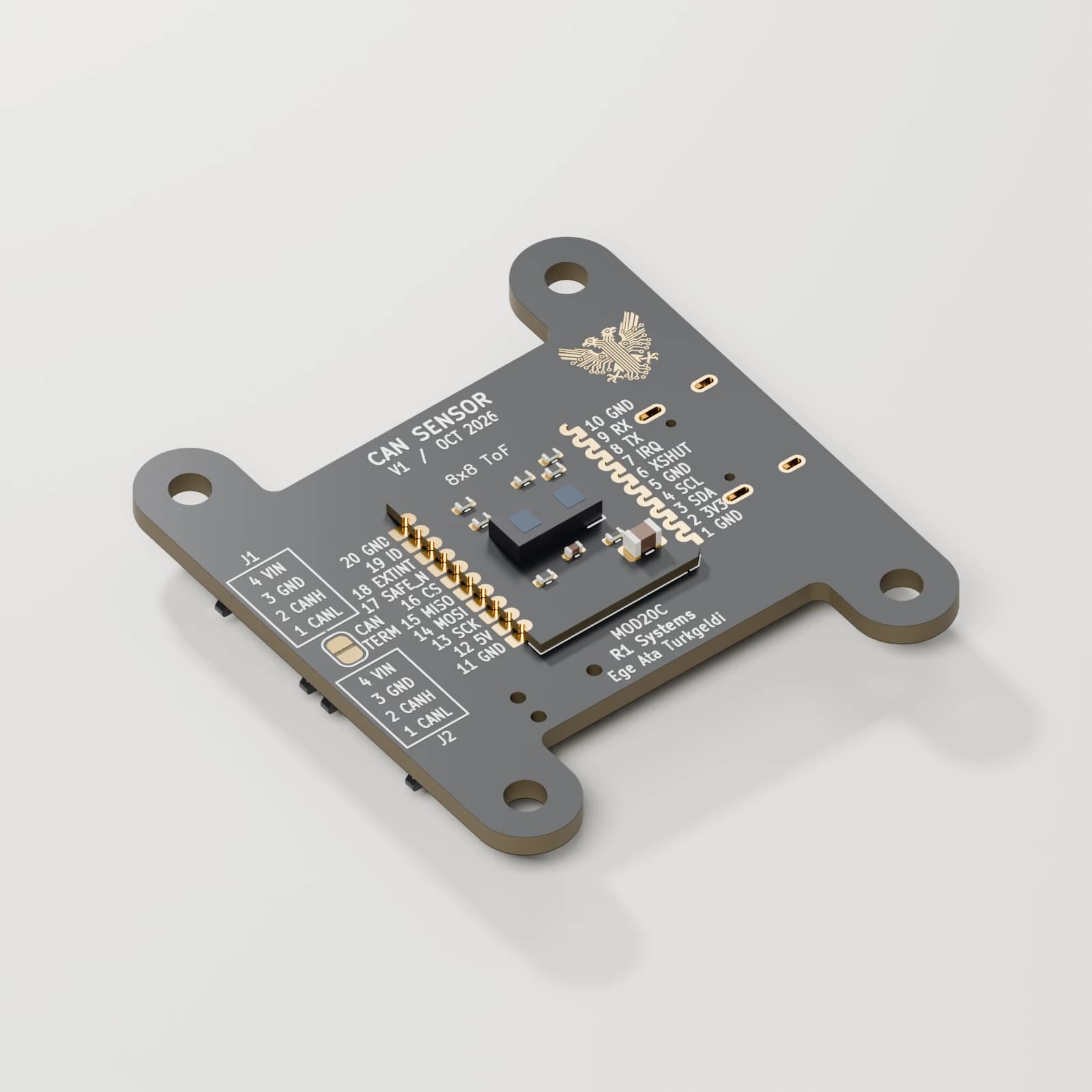 Blender CAD render from the October 13 detailed STEP assembly: compact CAN carrier with installed 8 × 8 ToF daughterboard, sensor-side hero. Black soldermask, supplied white silkscreen and gold artwork, reflective exposed pads and metal surfaces.