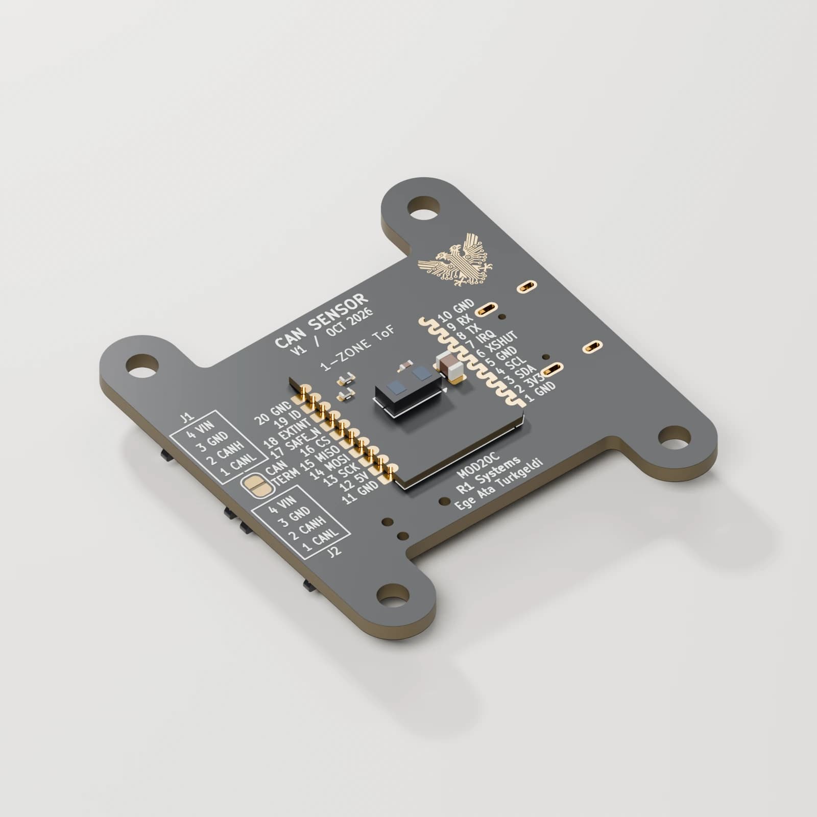 Blender CAD render from the October 13 detailed STEP assembly: compact CAN carrier with installed Single-zone ToF daughterboard, sensor-side hero. Black soldermask, supplied white silkscreen and gold artwork, reflective exposed pads and metal surfaces.