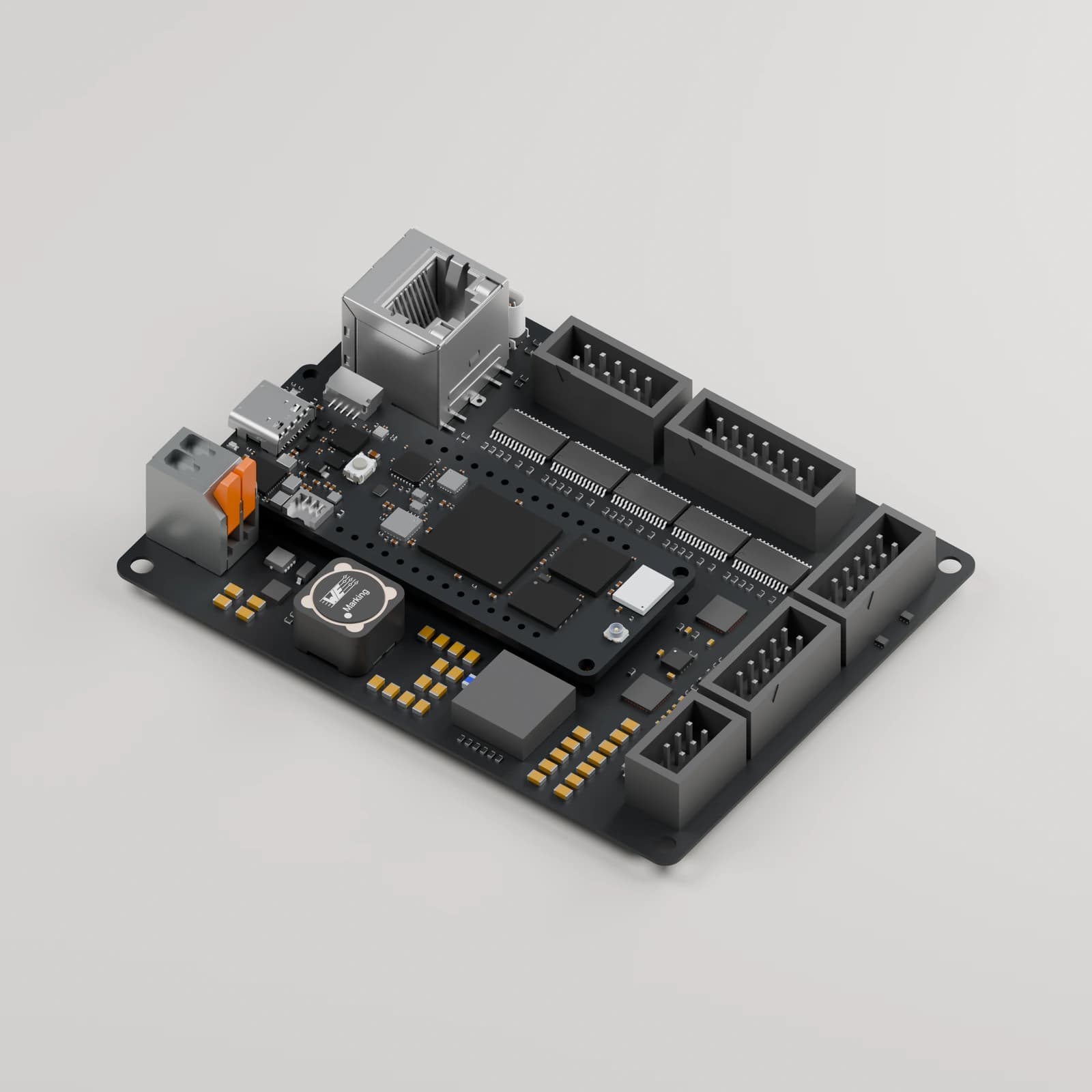 Mounted hero of the R1 ECU Carrier with a black carrier and a black headerless Portenta H7; CAD visualization.