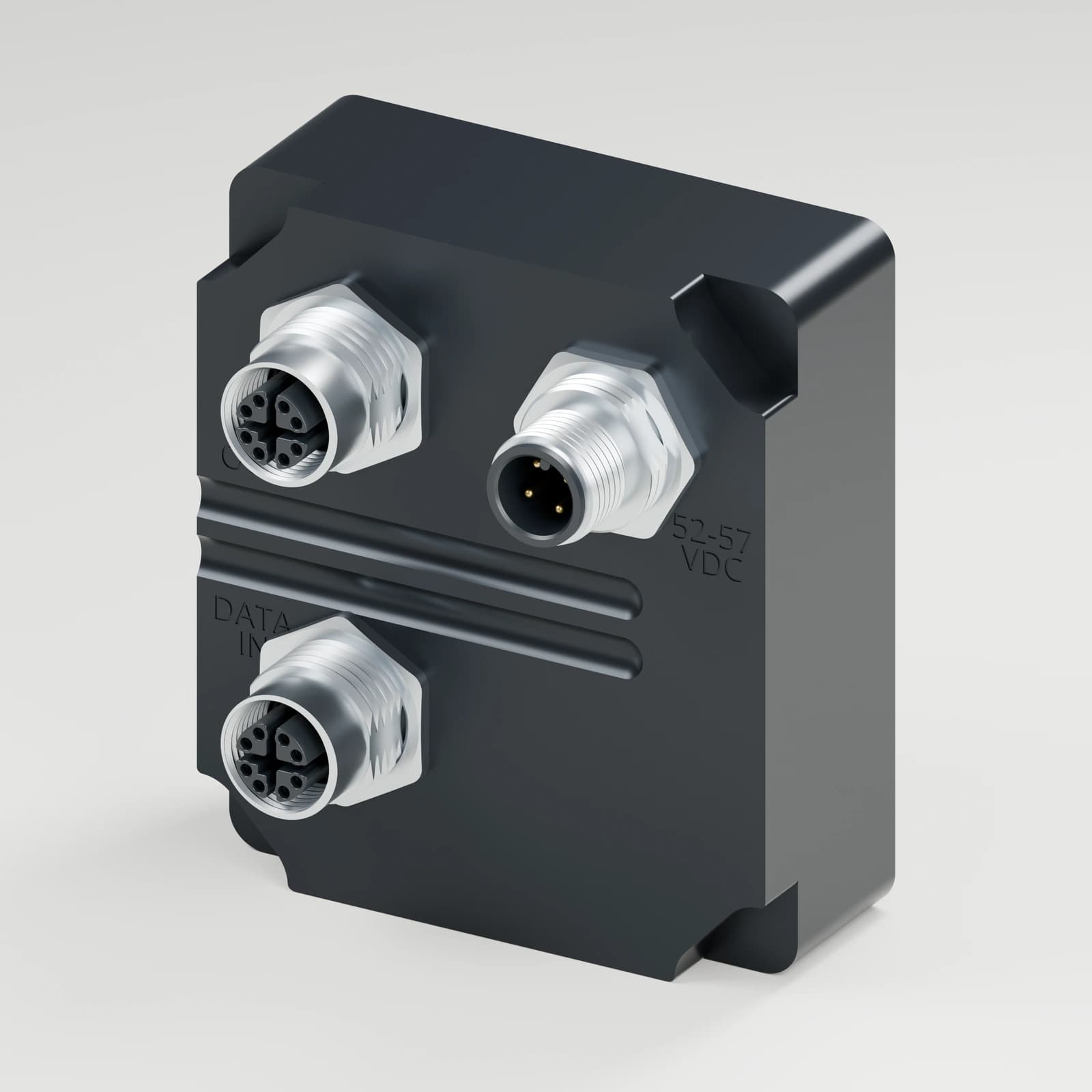 CAD visualization of the R1 PoE++ injector in black with M12 connections.