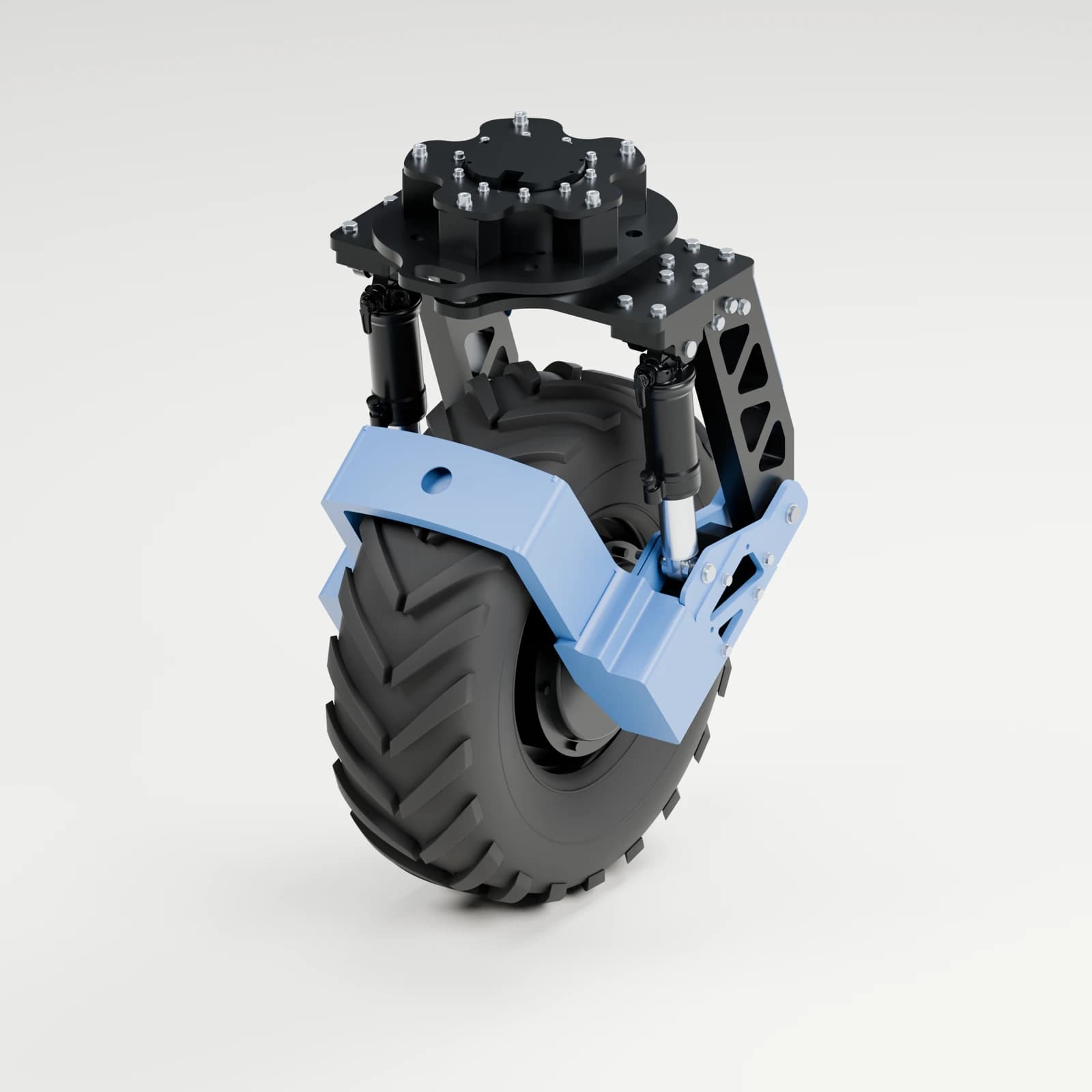 Three-quarter view of the suspended swerve module with R1 blueprint-blue structure, black wheel hub, steering actuator, machined components and shock bodies, and treaded tire; CAD visualization.